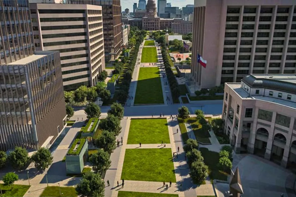 Rendering of Texas Mall with green lawns flanked by office towers and Capitol building at top